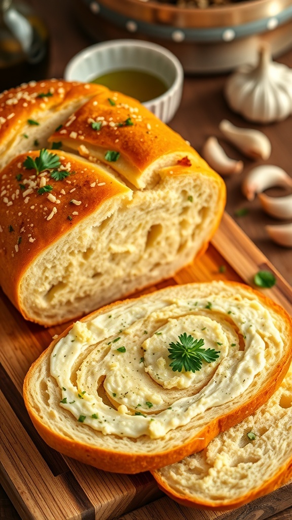 Quick Garlic Bread Recipe Sliced garlic bread with butter and parsley on a wooden board, garnished with Parmesan cheese.